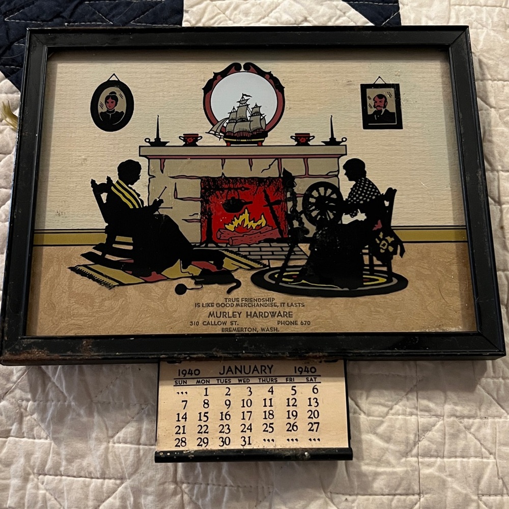 Vintage reverse painted advertising calendar print Bremerton WA